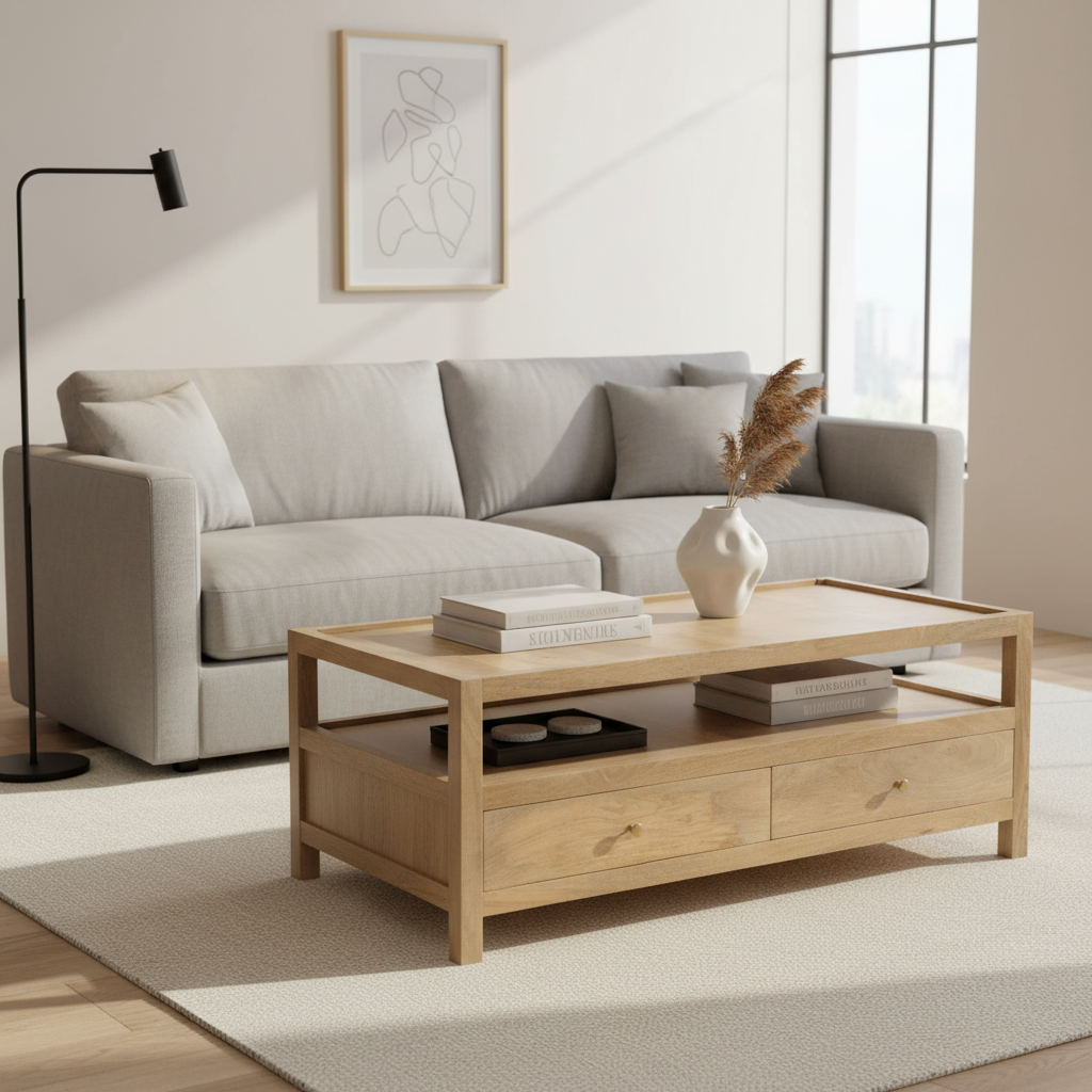 Keane Mango Wood 2 Drawer Coffee Table — TC Natural Oak — 2412-020