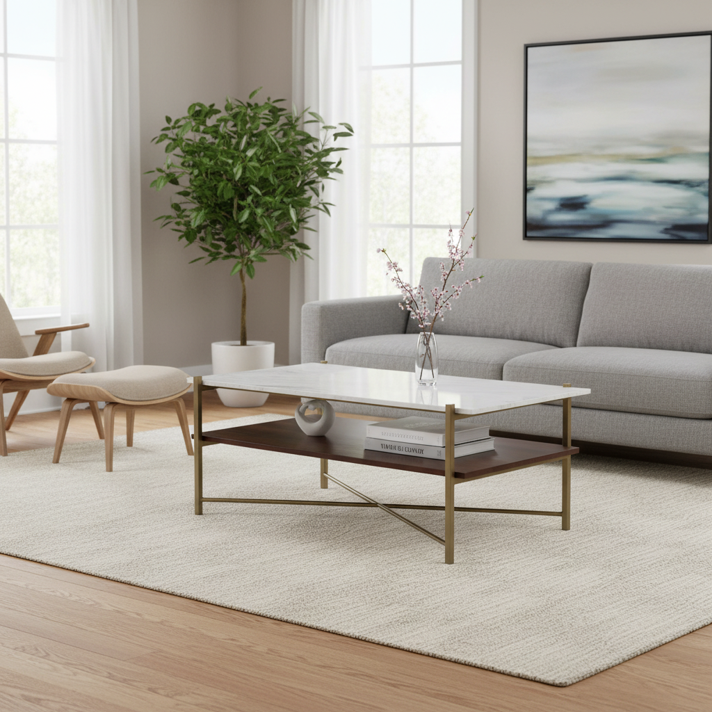 Merge Mango Wood Coffee Table Gold — Gold / Chestnut / Banswara Marble — MGCT46-G