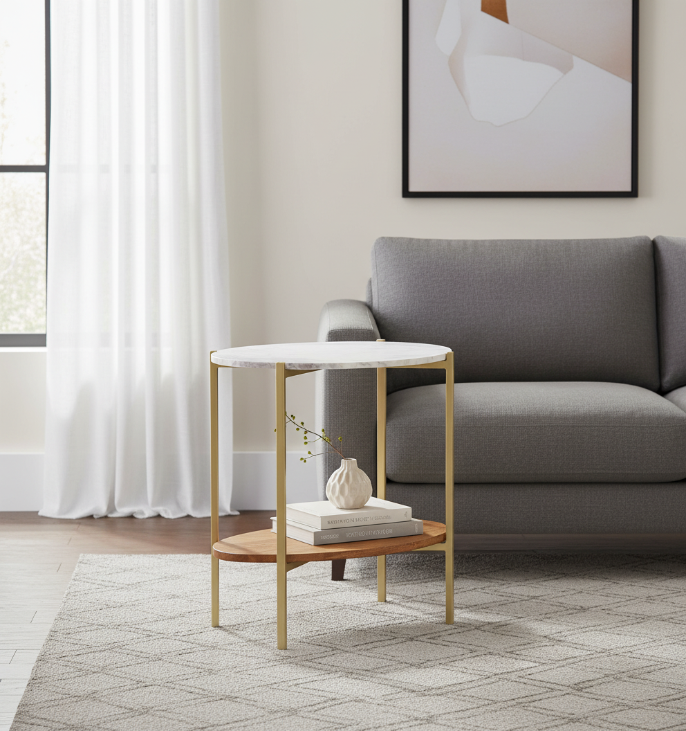 Olga Acacia Wood Oval Side Table Marble Top Gold — Gold Iron / Light Strip Pine / Banswara Marble — OLOET20-CG
