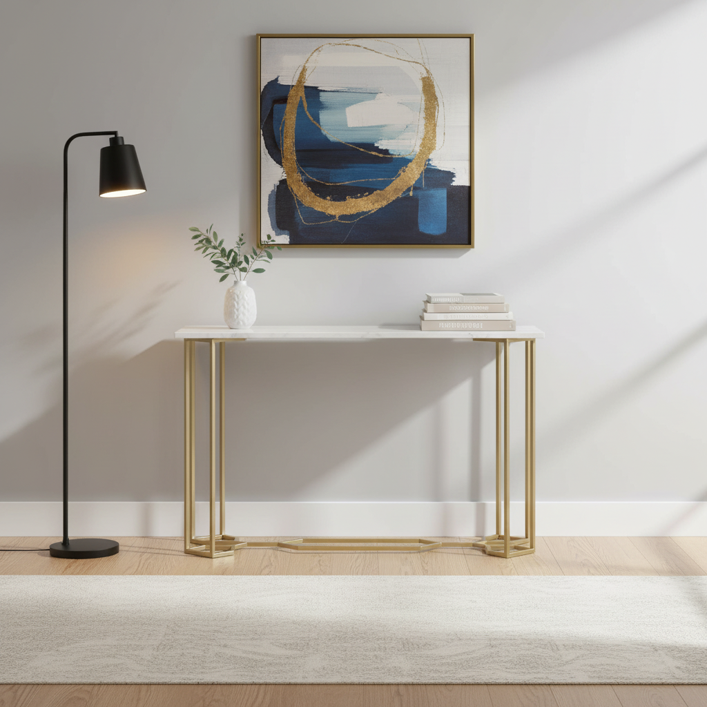 Queens Bridge Marble Top Console Table - Gold Iron — White Marble / Gold Iron — QBCO48-G