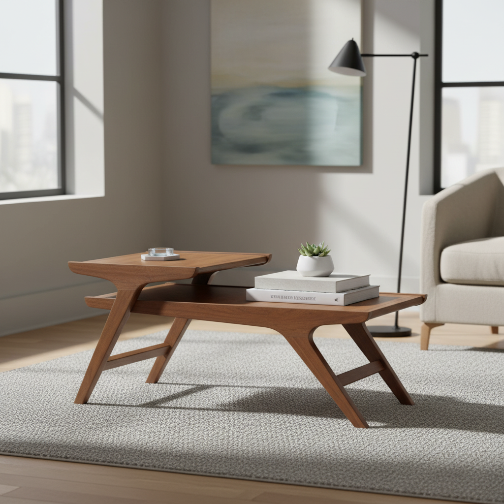 A mid-century wooden coffee table on a grey rug