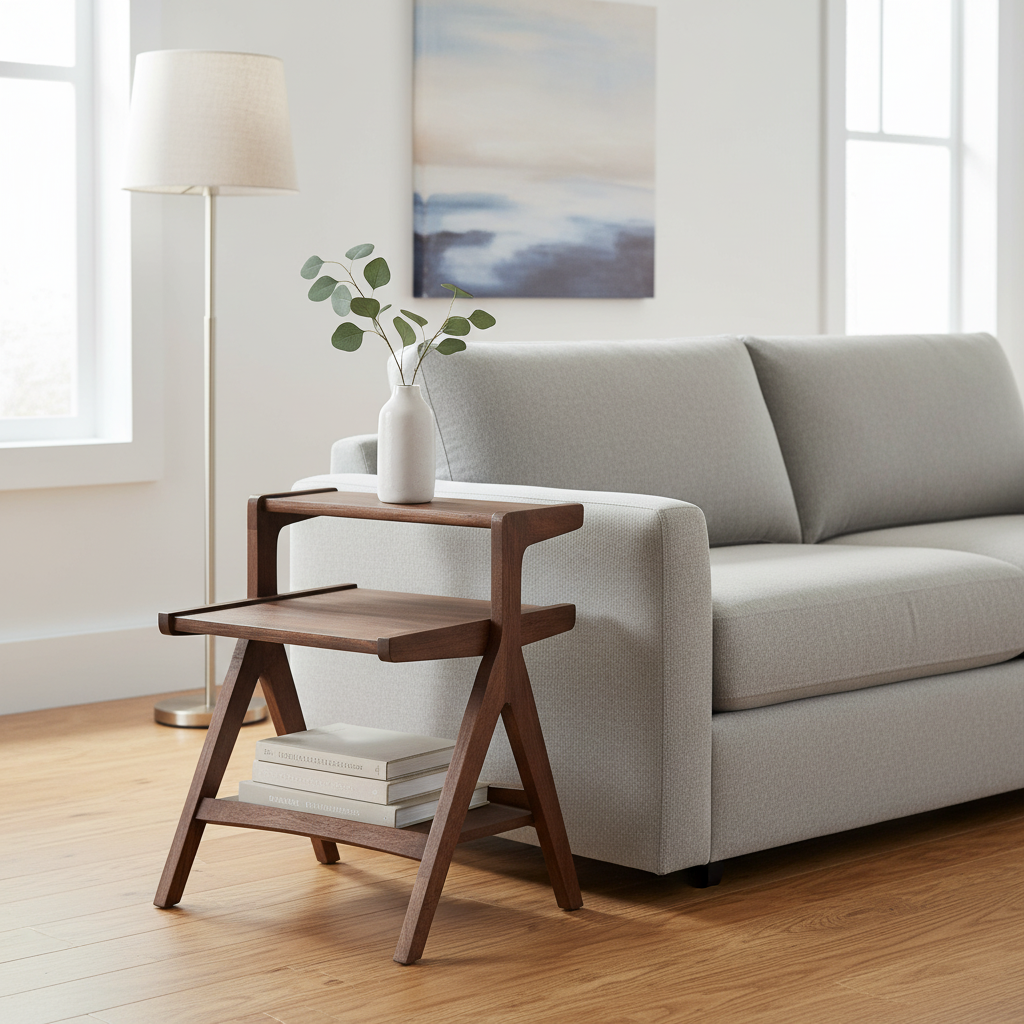 A two-tier wooden side table beside a grey sofa